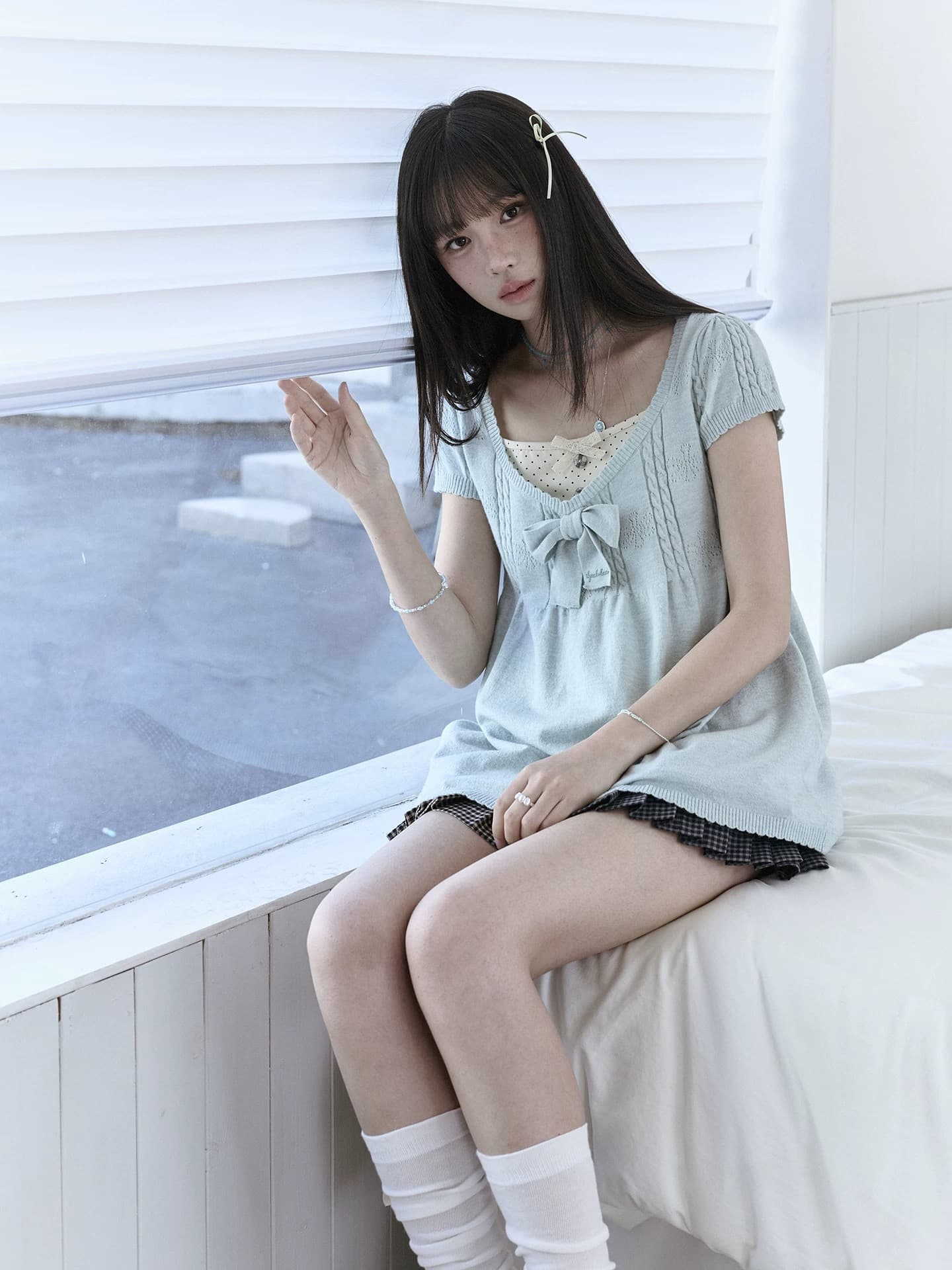 테리어 콩 이야기 지점 객실 꽃 기둥 신선함 스택 착용 만나는 도트 무늬 블라우스 레이스 조끼 여름 치마 세트