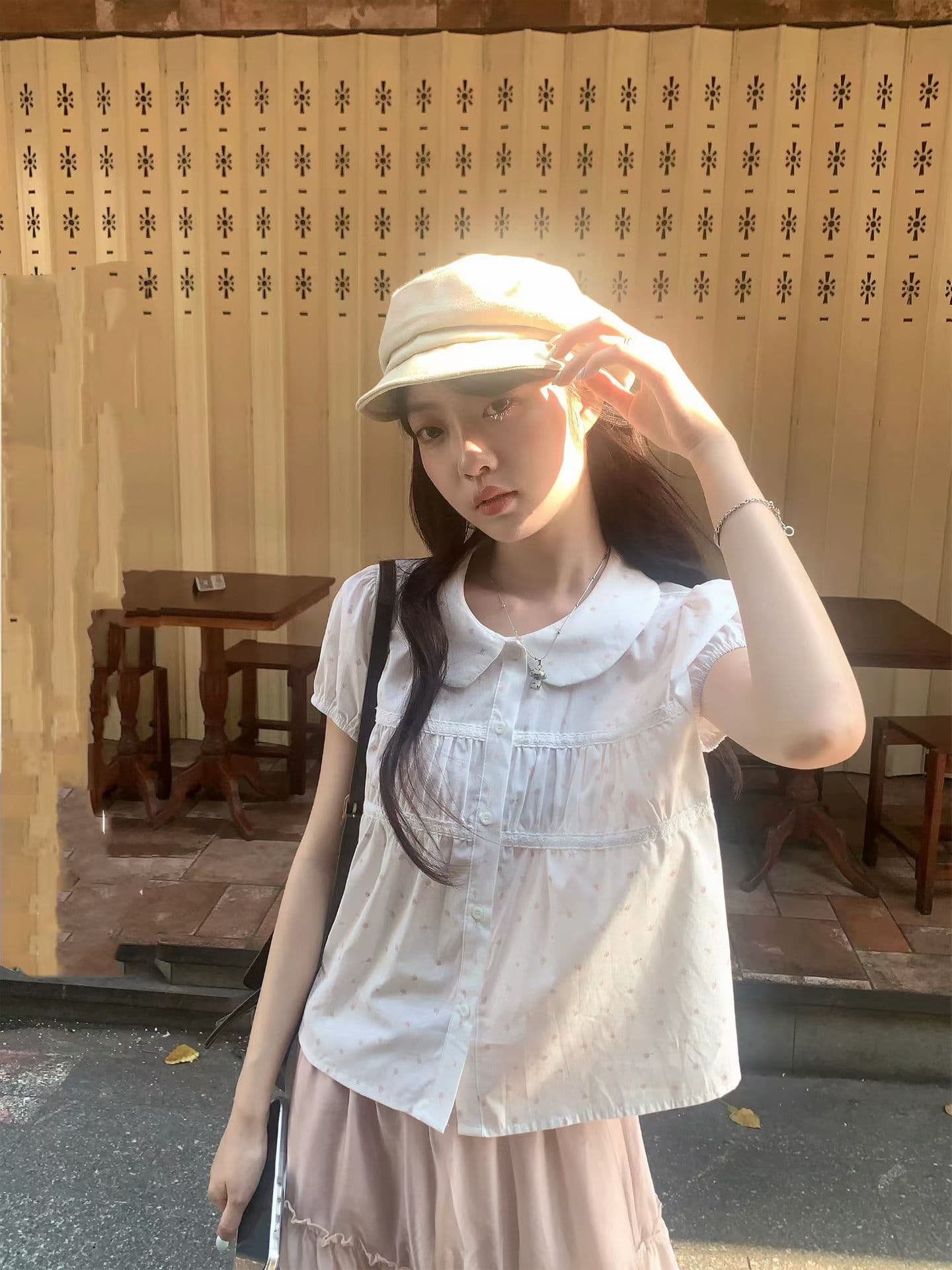 한 부서 여름 달콤함 연령 감소 베이비 칼라 레이스 레이스 주름 장식 싱글 줄 버튼 거품 소매 셔츠 맨위 이미지 3