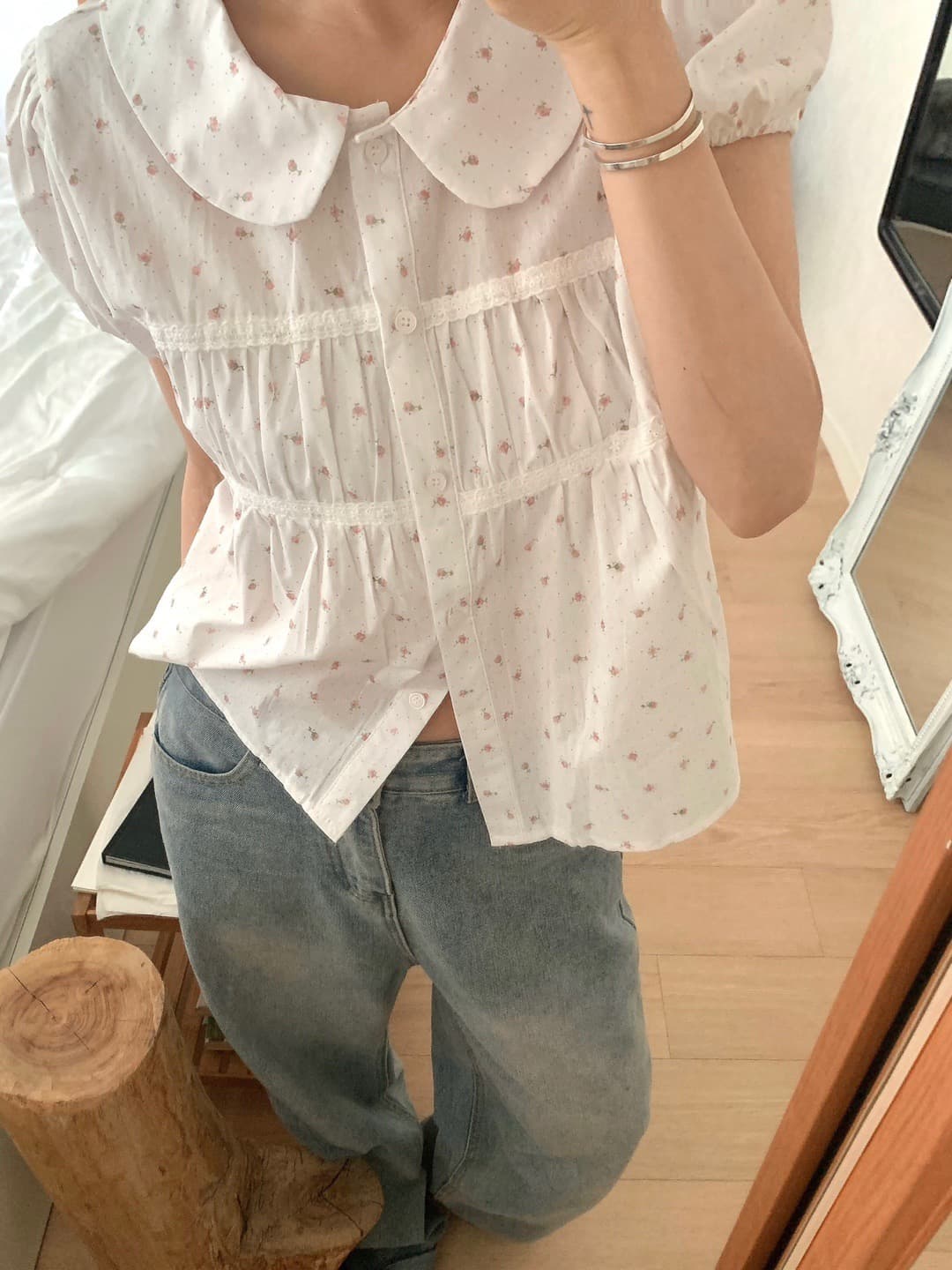 한 부서 여름 달콤함 연령 감소 베이비 칼라 레이스 레이스 주름 장식 싱글 줄 버튼 거품 소매 셔츠 맨위 상세 이미지 2