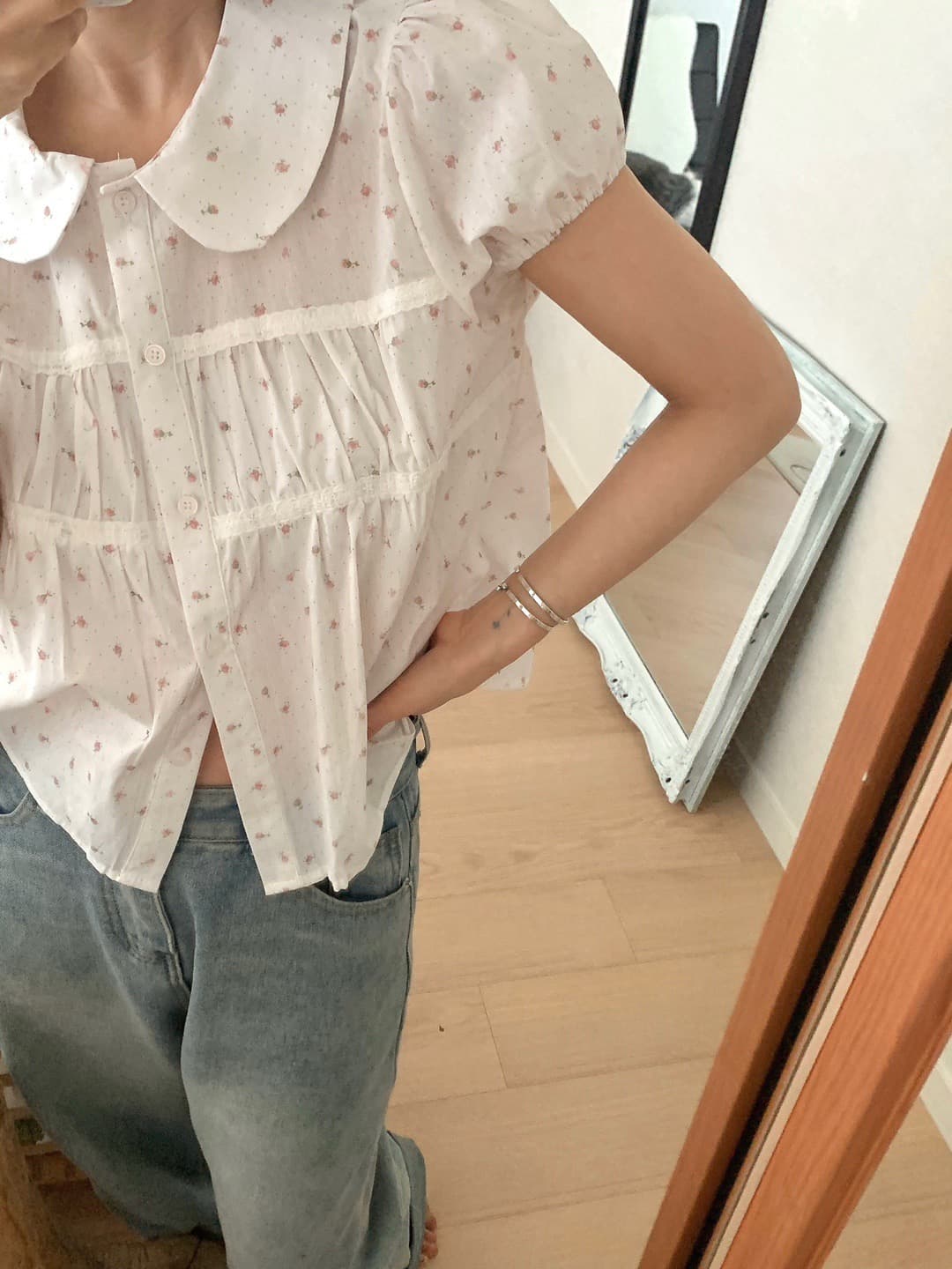 한 부서 여름 달콤함 연령 감소 베이비 칼라 레이스 레이스 주름 장식 싱글 줄 버튼 거품 소매 셔츠 맨위 상세 이미지 3