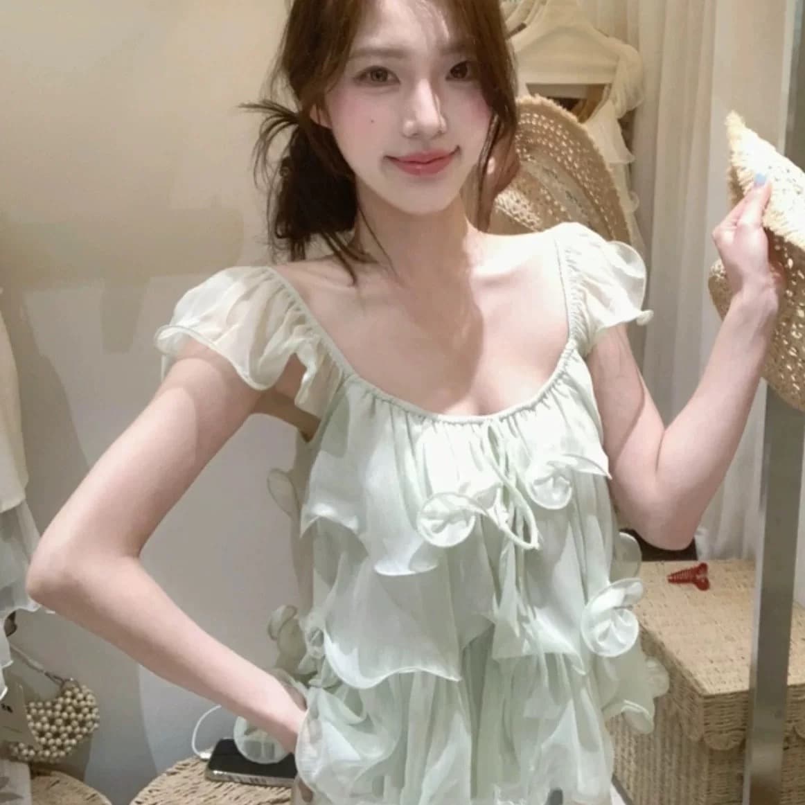보라색 프릴 레이스업 V넥 작은 날다 소매 여성 셔츠 여름 한 부서 부드러운 바람 달콤함 루즈핏 슬림해 보이는 맨위 이미지 5