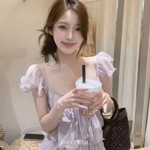 보라색 프릴 레이스업 V넥 작은 날다 소매 여성 셔츠 여름 한 부서 부드러운 바람 달콤함 루즈핏 슬림해 보이는 맨위 상세 이미지 1