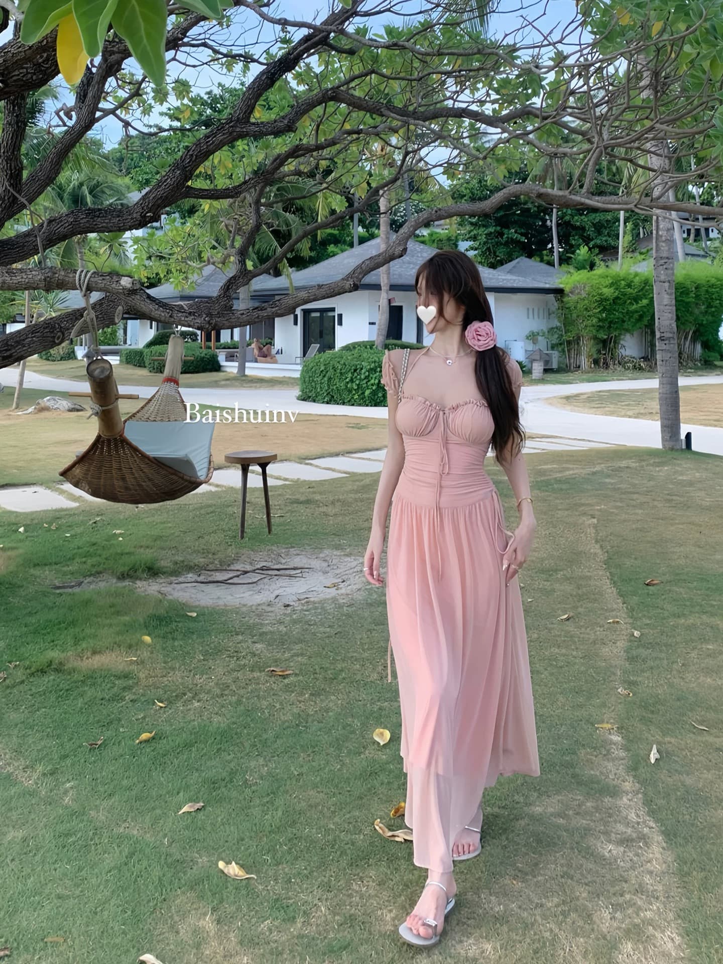 화이트 워터 여성 계단식 낭만주의 망사 해변가 휴가 여성 드레스 여름 섬 광장 칼라 품격 치마 이미지 4