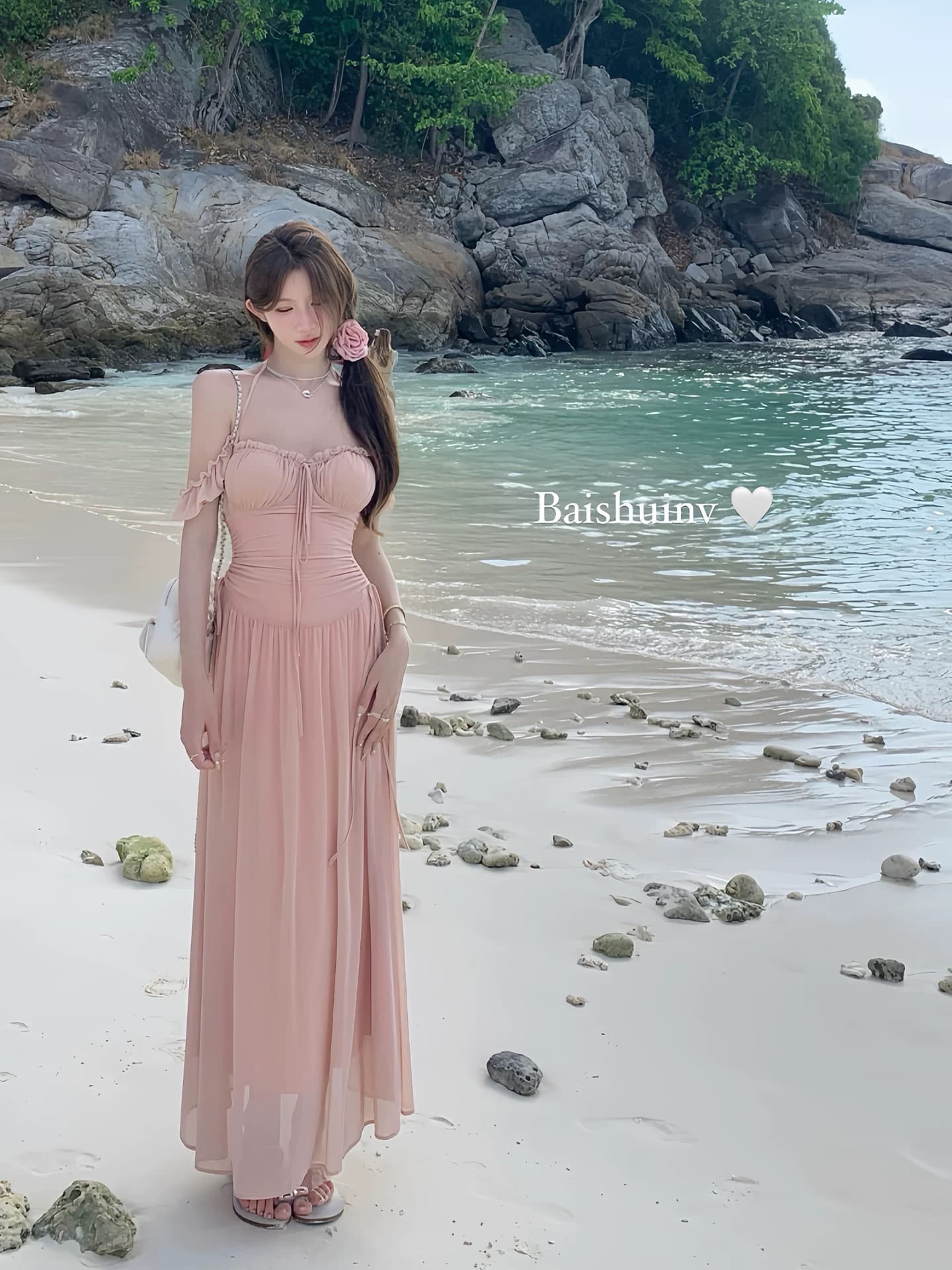 화이트 워터 여성 계단식 낭만주의 망사 해변가 휴가 여성 드레스 여름 섬 광장 칼라 품격 치마 이미지 3