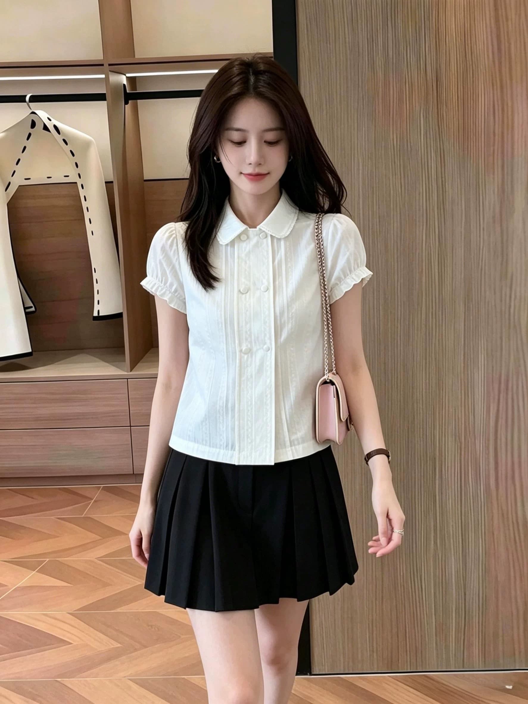 학원 스타일 달콤함 작은 대중 베이비 칼라 여성 셔츠 여름 거품 소매 레이스 셔츠 슬림해 보이는 디자인 센스 작은 맨위 이미지 2