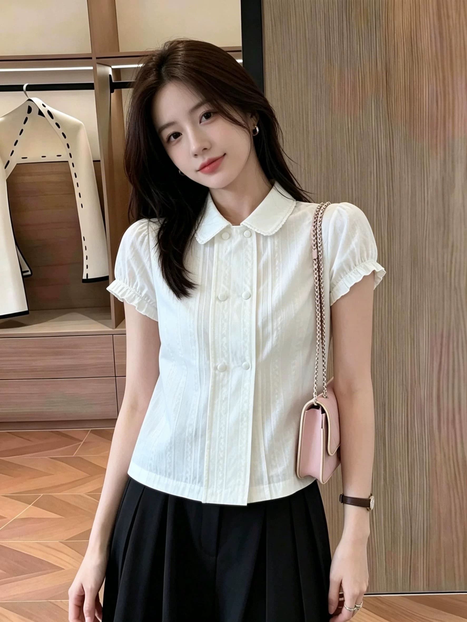 학원 스타일 달콤함 작은 대중 베이비 칼라 여성 셔츠 여름 거품 소매 레이스 셔츠 슬림해 보이는 디자인 센스 작은 맨위 상세 이미지 2