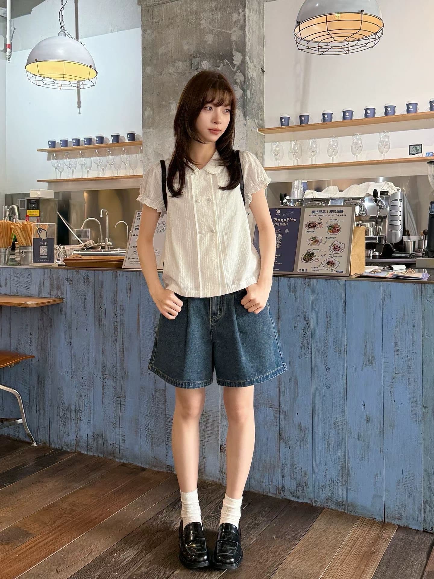 학원 스타일 달콤함 작은 대중 베이비 칼라 여성 셔츠 여름 거품 소매 레이스 셔츠 슬림해 보이는 디자인 센스 작은 맨위 상세 이미지 6