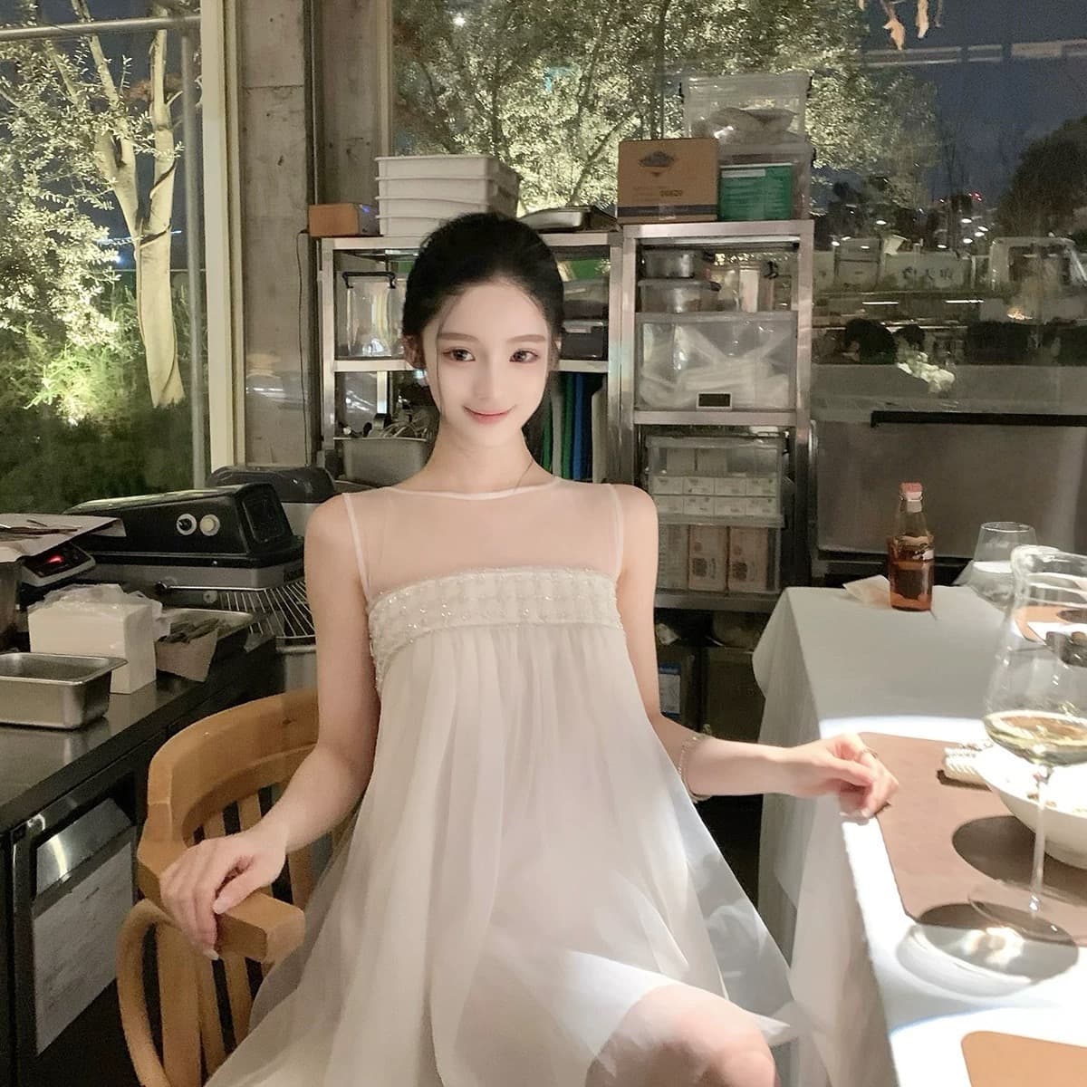 hotdog 핫도그 매우 매운맛 꽃 객실 부드러운 빛 둘 색상 망사 여성 드레스 절묘한 부드러운 품격 치마 이미지 5