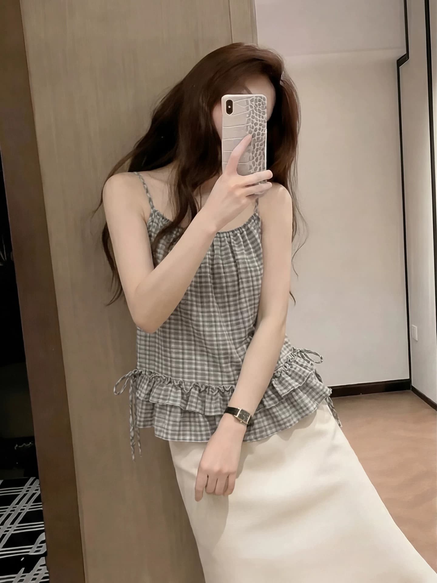 순수한 욕망 바람 이중층 프릴 배색 체크무늬 캐미솔 u 칼라 티셔츠 패션 연령 감소 캐주얼 투피스 세트 상세 이미지 6