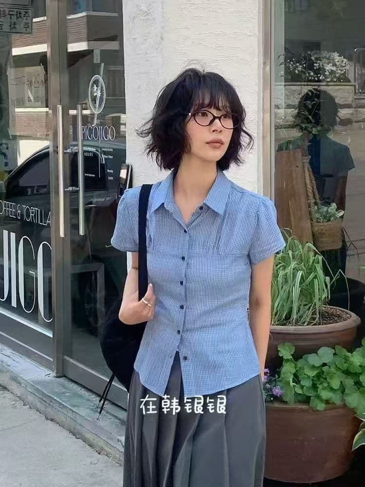 한국 동대문 작은 대중 레트로 허리 수축 파인 라인 체크무늬 얇은 스타일 반팔 주름 셔츠 맨위 이미지 2