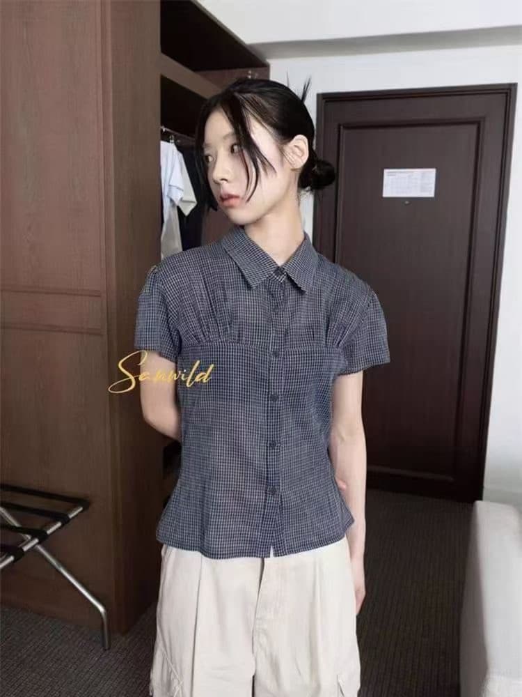 한국 동대문 작은 대중 레트로 허리 수축 파인 라인 체크무늬 얇은 스타일 반팔 주름 셔츠 맨위 이미지 4