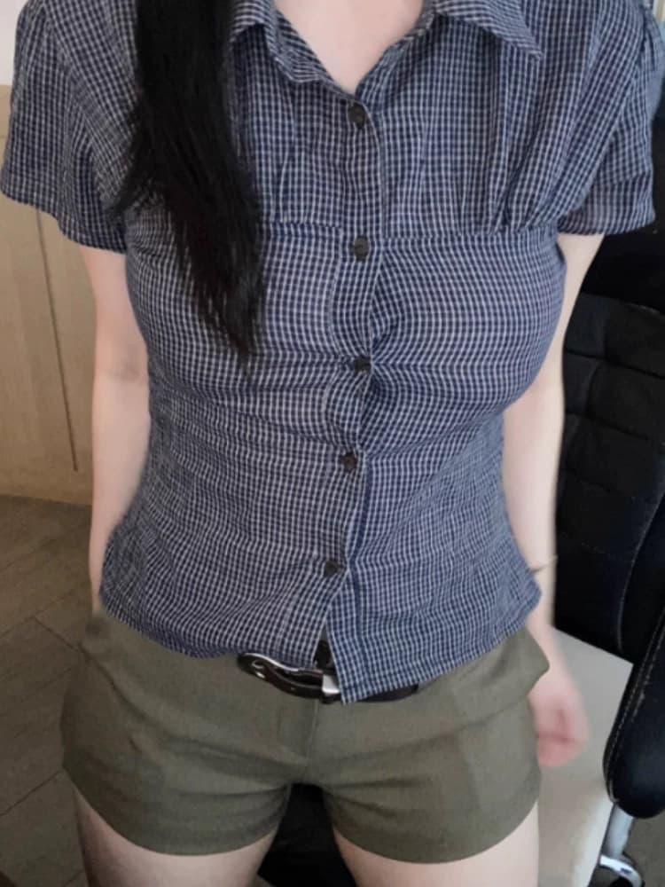 한국 동대문 작은 대중 레트로 허리 수축 파인 라인 체크무늬 얇은 스타일 반팔 주름 셔츠 맨위 상세 이미지 5