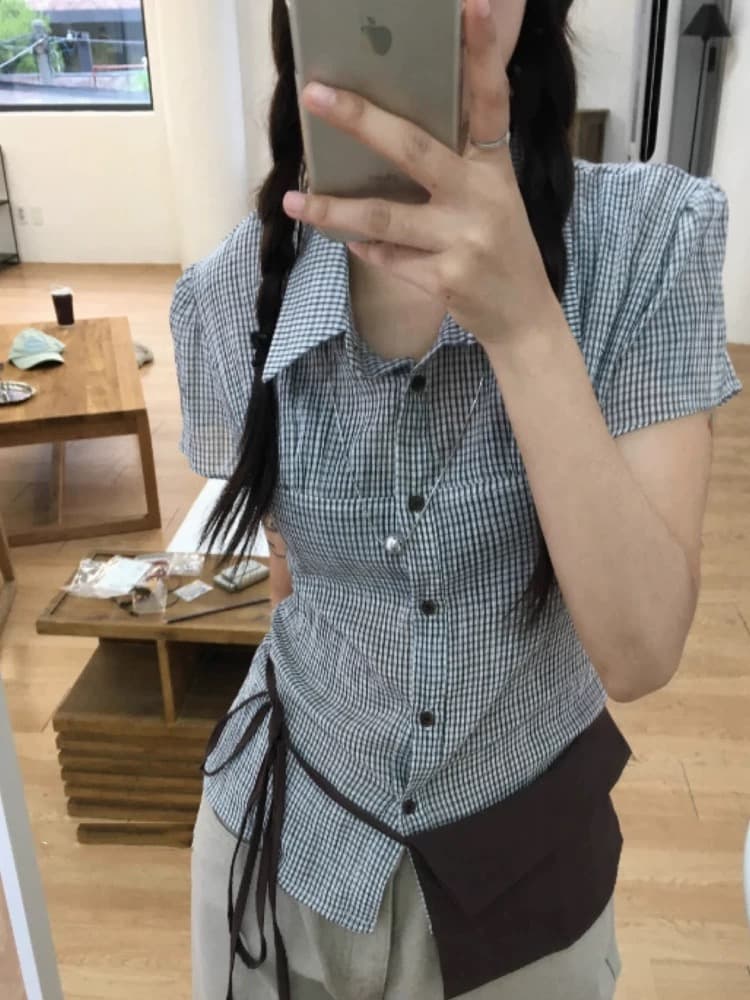 한국 동대문 작은 대중 레트로 허리 수축 파인 라인 체크무늬 얇은 스타일 반팔 주름 셔츠 맨위 상세 이미지 6