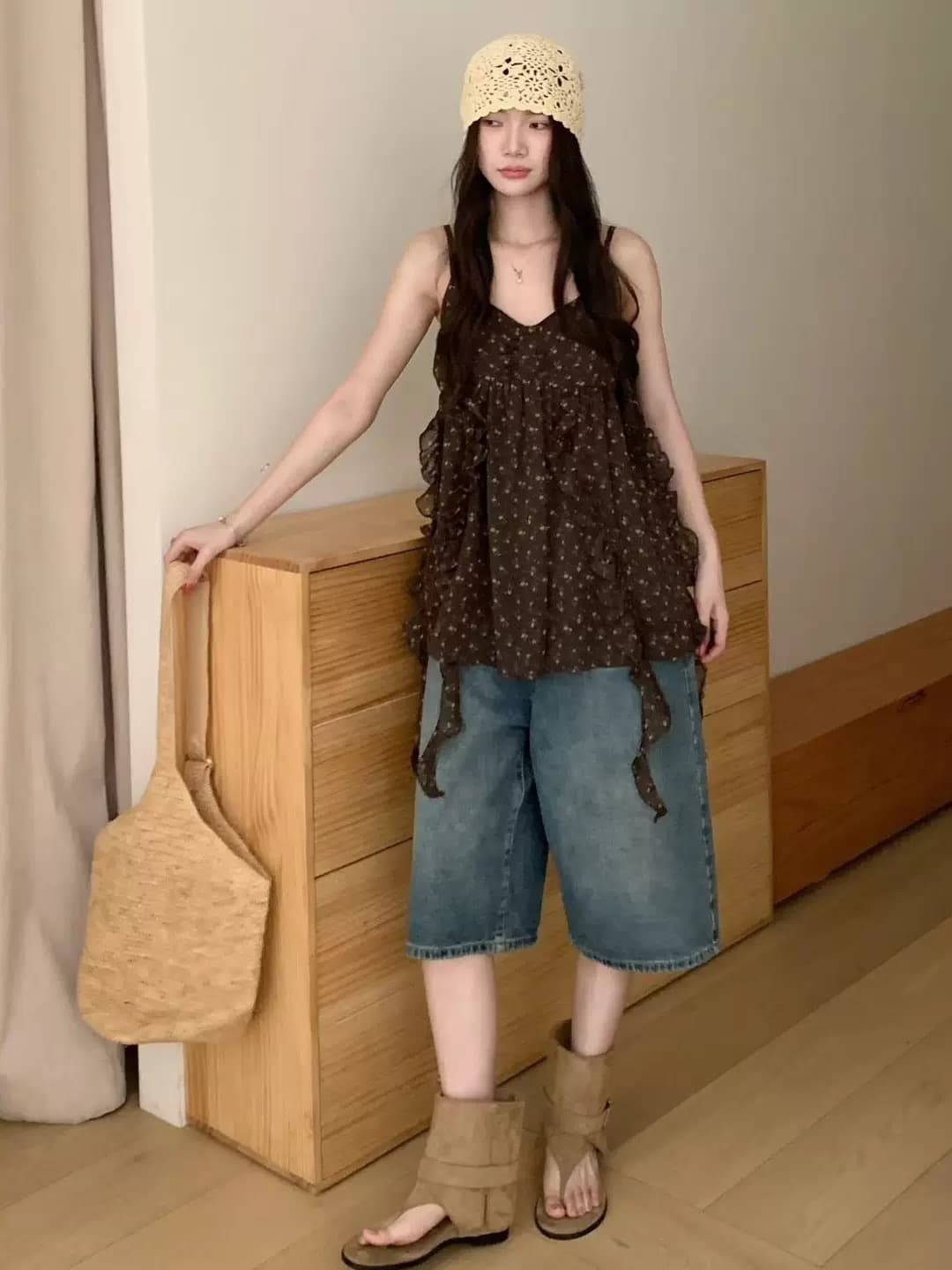 한 스타일 꽃무늬 프릴 슬립 여성 여름 새로운 인사이드 가져 가라. 외출용 루즈핏 휴가 바람 조끼 맨위 상세 이미지 2