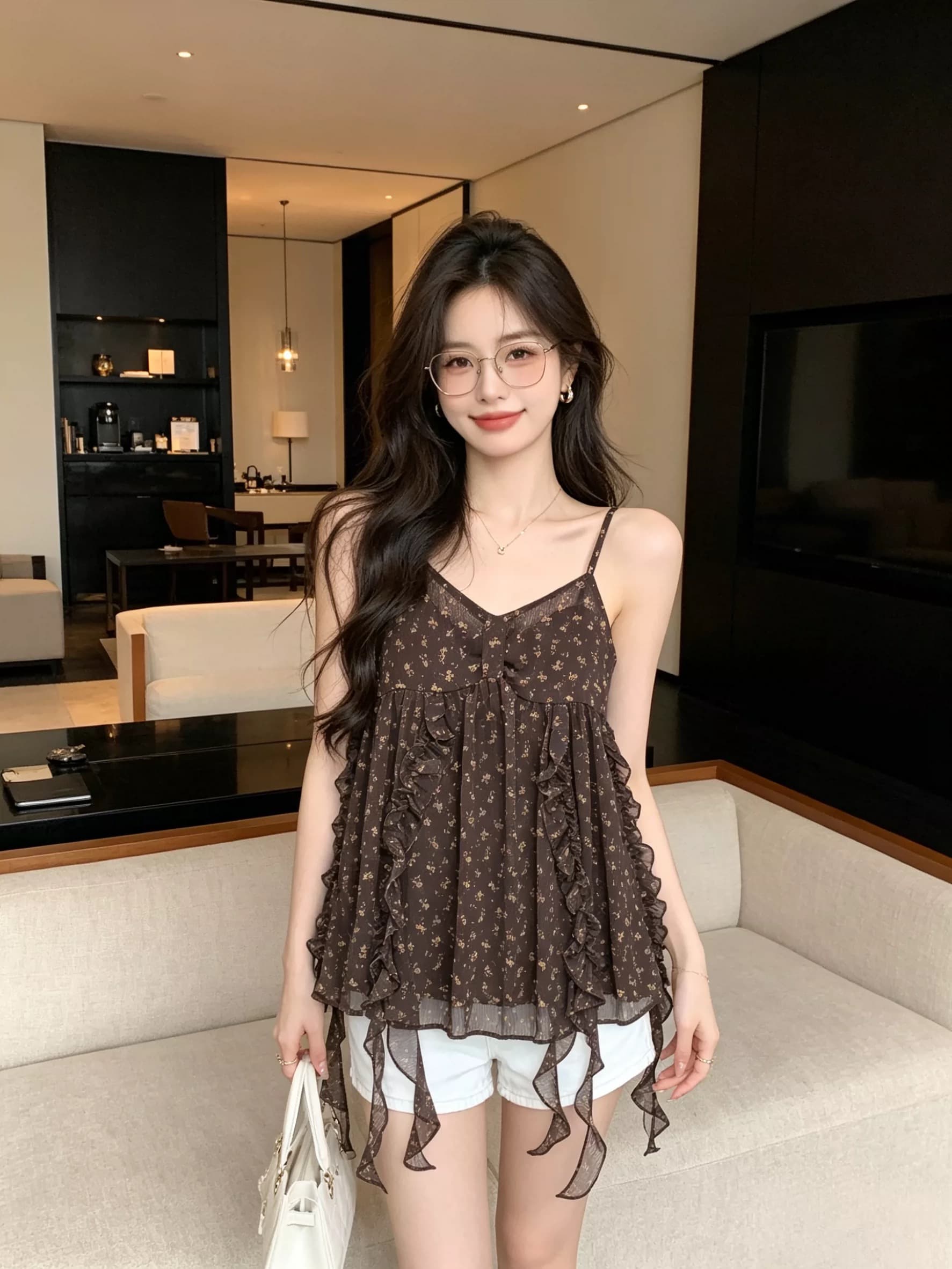 한 스타일 꽃무늬 프릴 슬립 여성 여름 새로운 인사이드 가져 가라. 외출용 루즈핏 휴가 바람 조끼 맨위 상세 이미지 8