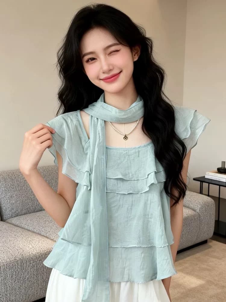 프랑스식 달콤한 스타일 프릴 리본 쉬폰 여성 셔츠 여름 부드러운 바람 품격 레이스업 오프숄더 휴가 맨위 상세 이미지 2