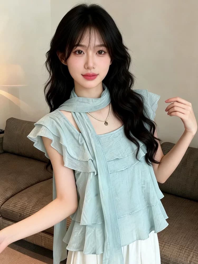 프랑스식 달콤한 스타일 프릴 리본 쉬폰 여성 셔츠 여름 부드러운 바람 품격 레이스업 오프숄더 휴가 맨위 상세 이미지 3