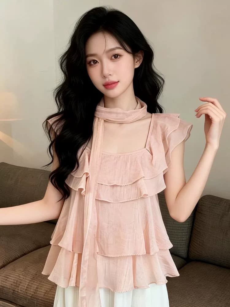 프랑스식 달콤한 스타일 프릴 리본 쉬폰 여성 셔츠 여름 부드러운 바람 품격 레이스업 오프숄더 휴가 맨위 상세 이미지 4