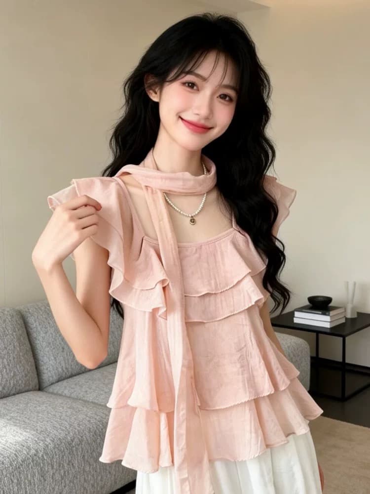 프랑스식 달콤한 스타일 프릴 리본 쉬폰 여성 셔츠 여름 부드러운 바람 품격 레이스업 오프숄더 휴가 맨위 상세 이미지 5