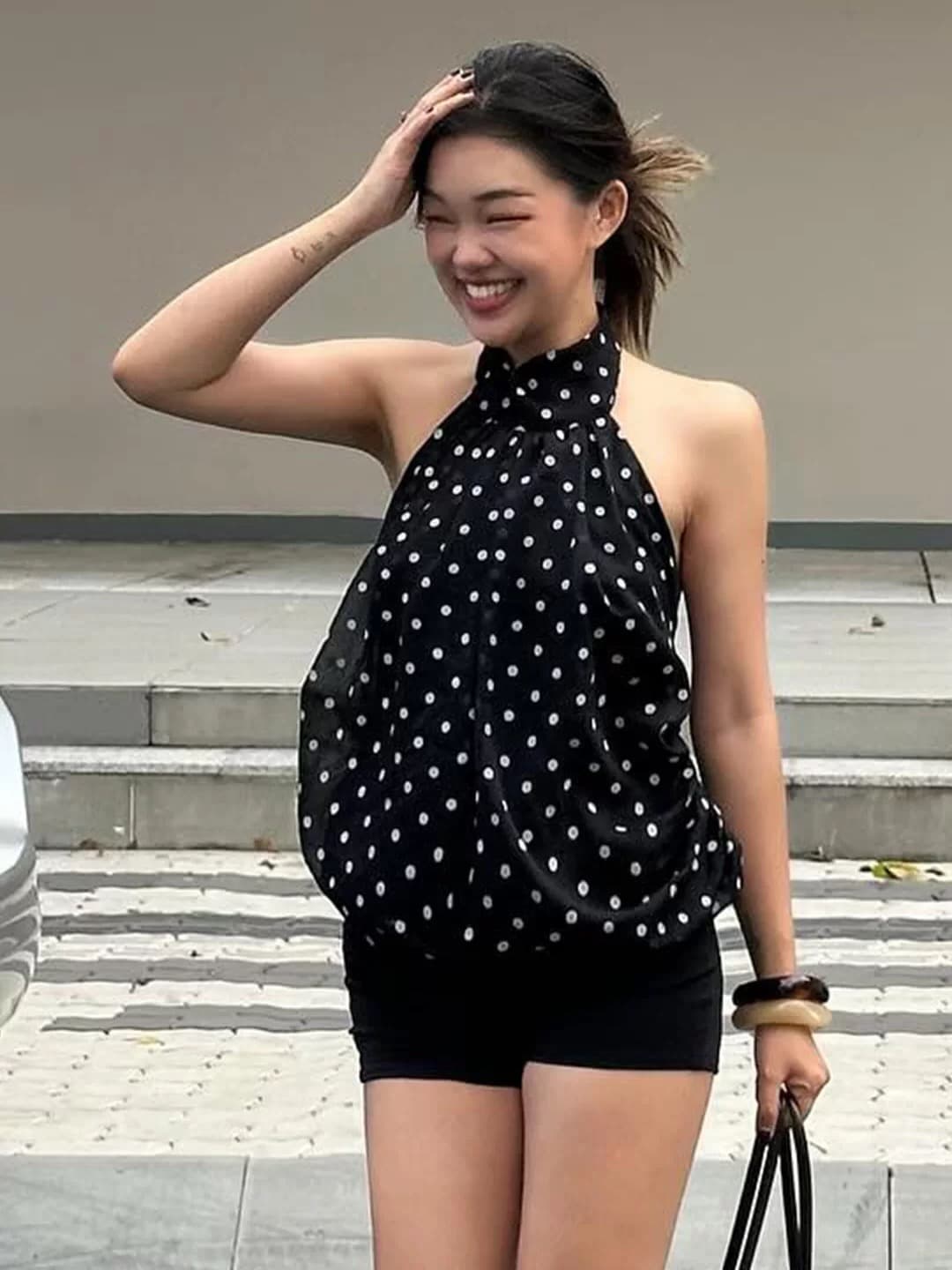 아메리칸 순수한 욕망 천년기 레트로 도트 무늬 행침 목 맨위 여성 백리스 나비 넥타이 쇼트 스타일 쉬폰 민소매 조끼 이미지 3