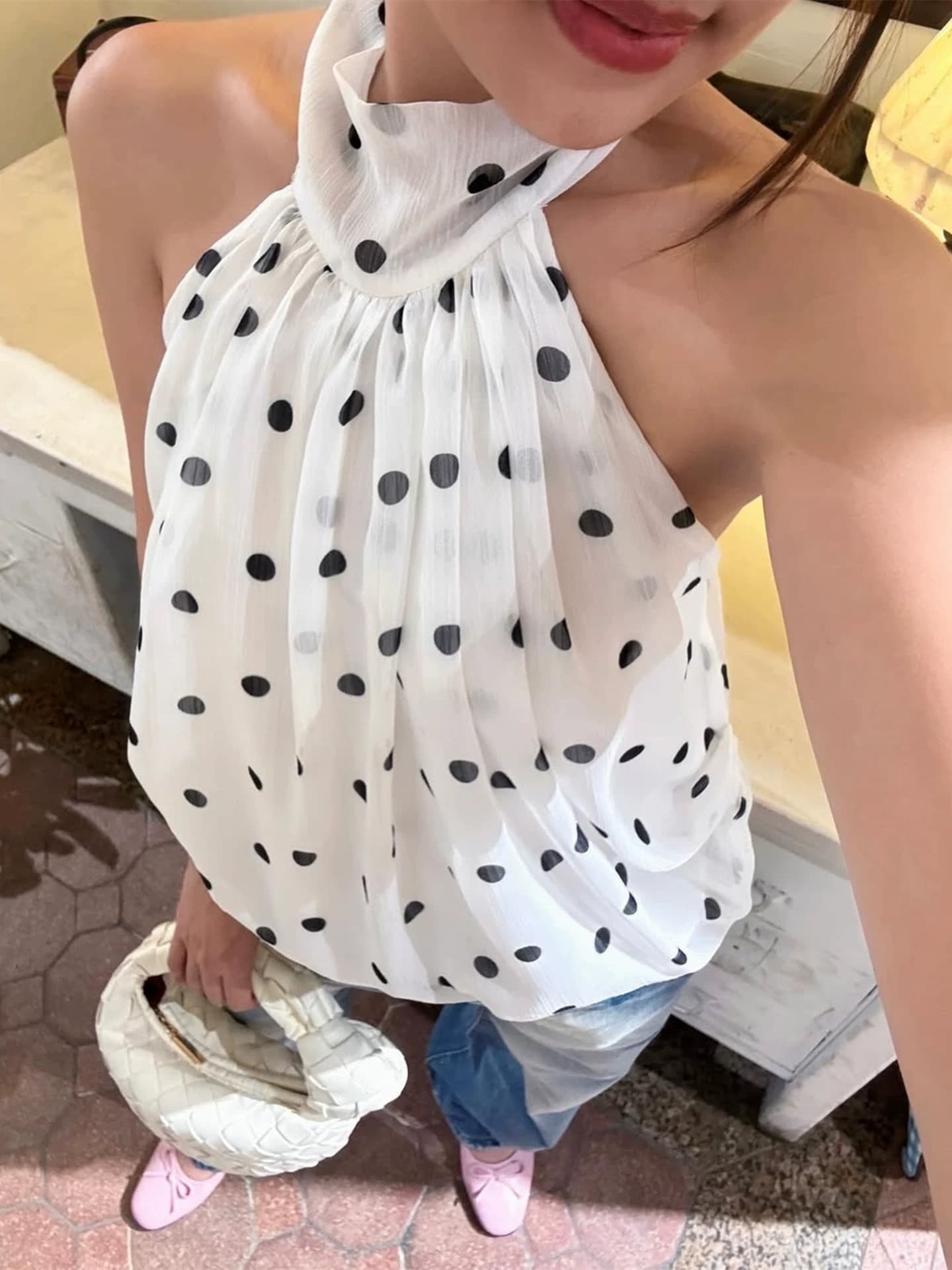 아메리칸 순수한 욕망 천년기 레트로 도트 무늬 행침 목 맨위 여성 백리스 나비 넥타이 쇼트 스타일 쉬폰 민소매 조끼 상세 이미지 3