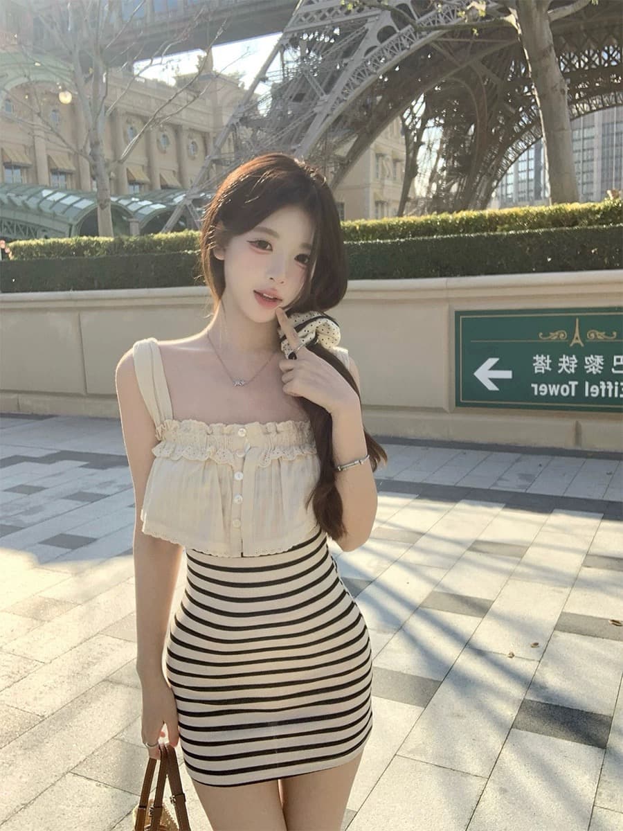고대 조기 소녀 마음 부드러운 자매 바람 분위기 센스 스트라이프 페이크 레이어드 한 부서 드레스 shebyshj 베트남 이미지 4