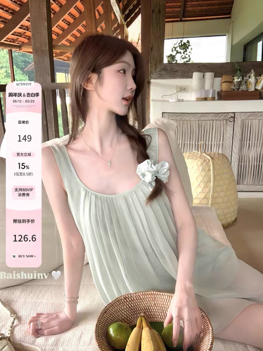 화이트 워터 여성 봄 사람들과 적합한 대 라운드 넥 조끼 여성 여름 휴가 바람 우아한 슬림해 보이는 광대역 플리츠 쉬폰 블라우스 상세 이미지 1