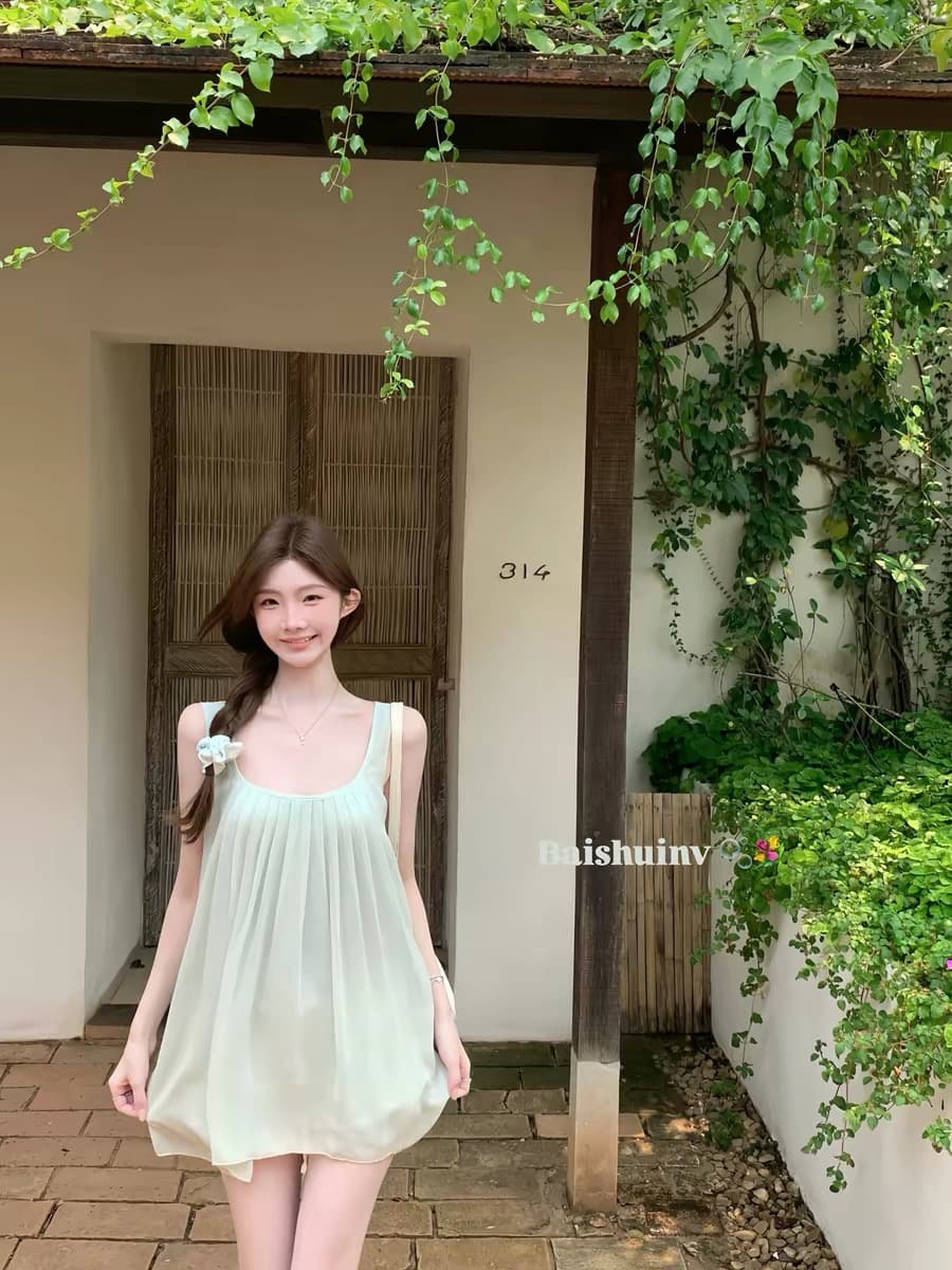 화이트 워터 여성 봄 사람들과 적합한 대 라운드 넥 조끼 여성 여름 휴가 바람 우아한 슬림해 보이는 광대역 플리츠 쉬폰 블라우스 상세 이미지 2