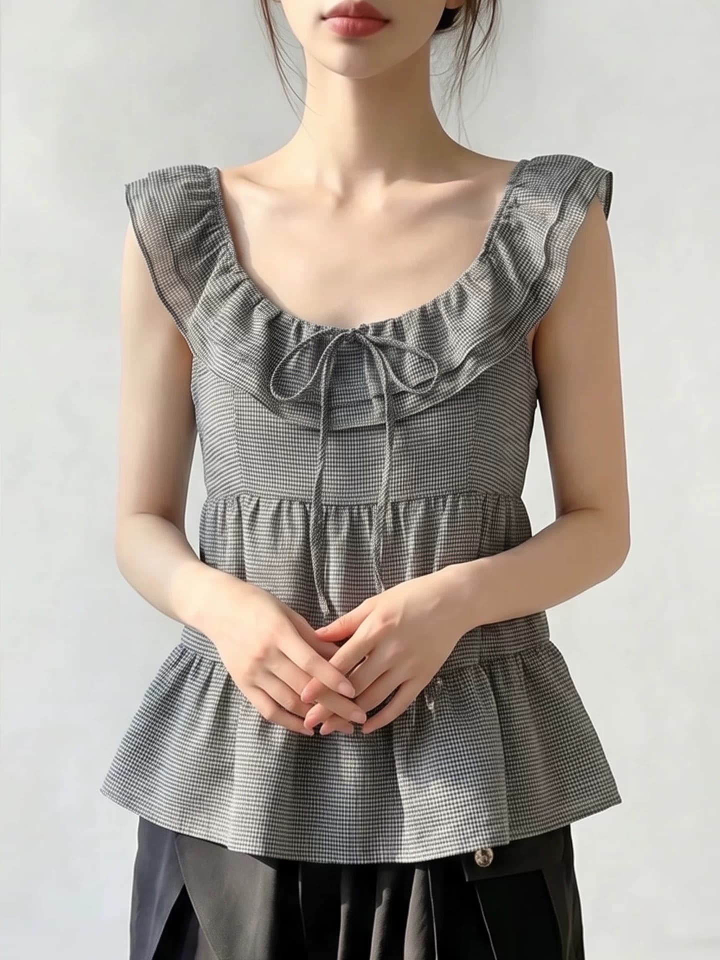 부드러운 체크무늬 프릴 레이스업 Feifei 소매 여성 셔츠 여름 한 부서 미니멀리즘 몸매 가꾸기 슬림해 보이는 품격 인형 작은 셔츠 상세 이미지 3