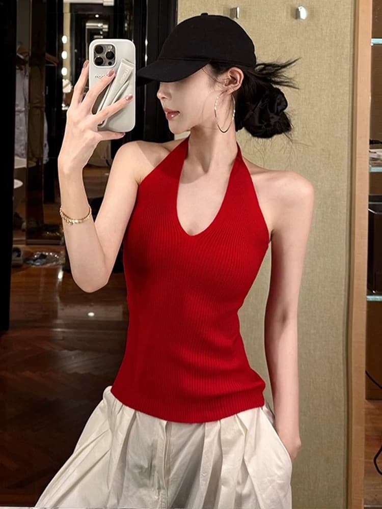 아메리칸 품격 섹시함 핫걸 바람 행침 목 캐미솔 2025 여름 새로운 순수한 욕망 바람 몸매 가꾸기 맨위 이미지 3