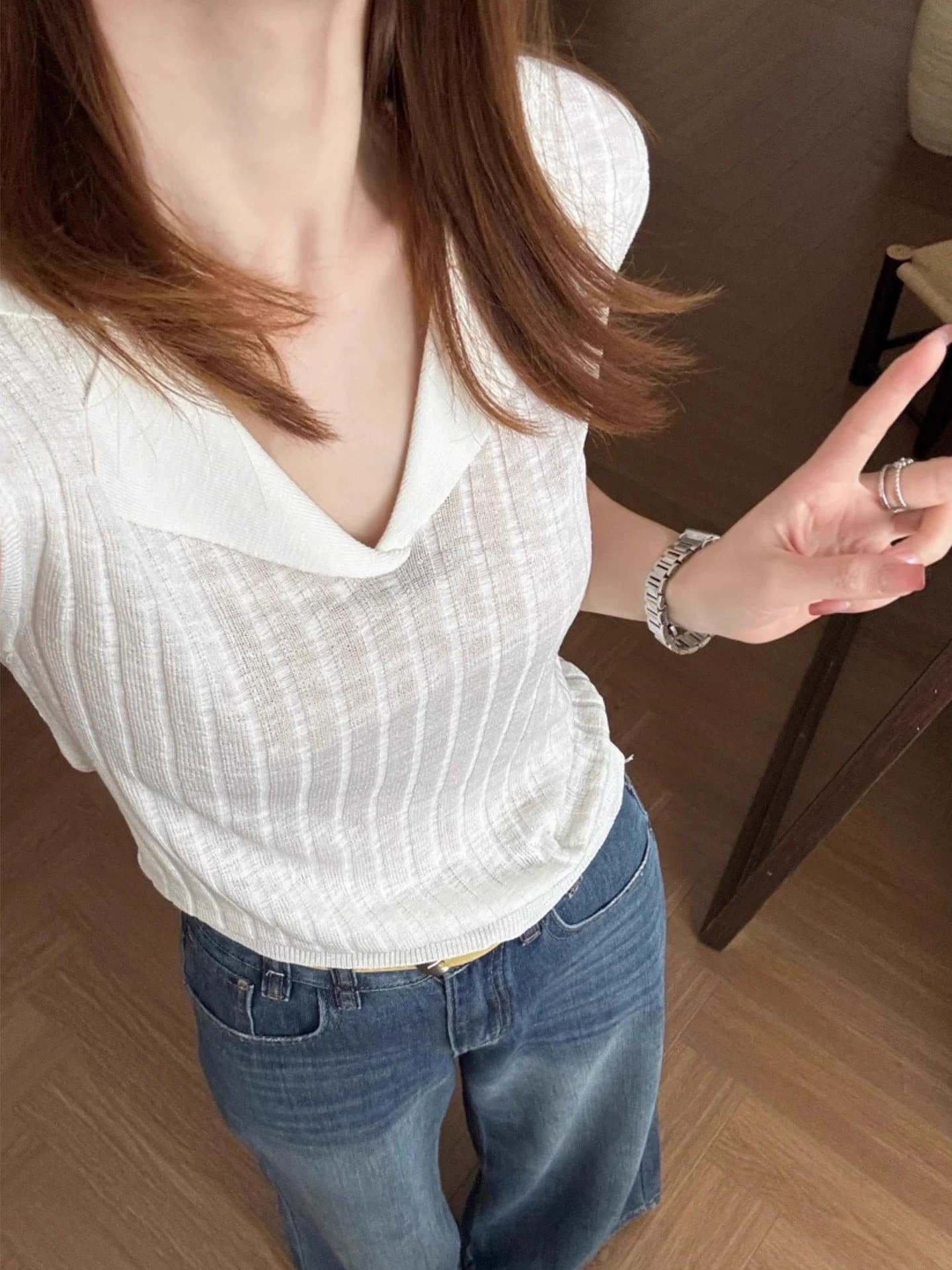 한 부서 높음 지혜 센스 V넥 얼음 실크 니트 반팔 티셔츠 여성 여름 몸매 가꾸기 슬림해 보이는 품격 오래된 돈 바람 polo 맨위 상세 이미지 8