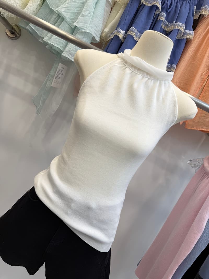여름 새로운 순수한 욕망 바람 행침 목 니트 조끼 여성 망사 칼라 패치워크 구덩이 기사 몸매 가꾸기 슬림해 보이는 하늘색 맨위 상세 이미지 14