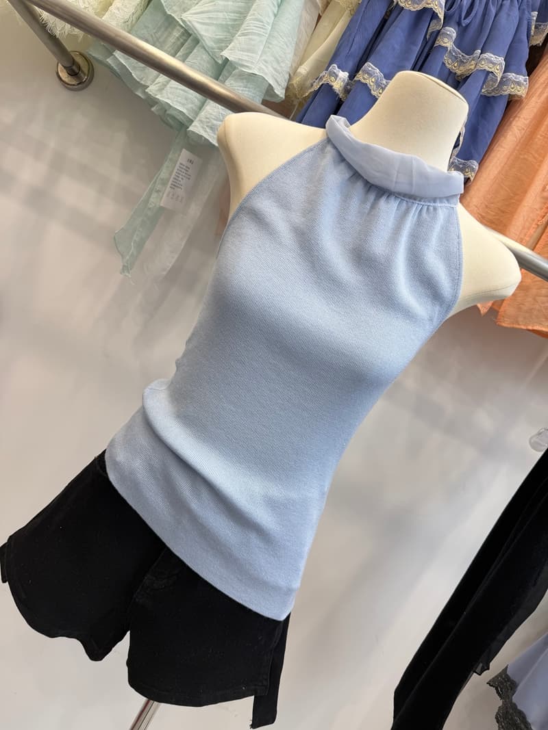 여름 새로운 순수한 욕망 바람 행침 목 니트 조끼 여성 망사 칼라 패치워크 구덩이 기사 몸매 가꾸기 슬림해 보이는 하늘색 맨위 상세 이미지 18