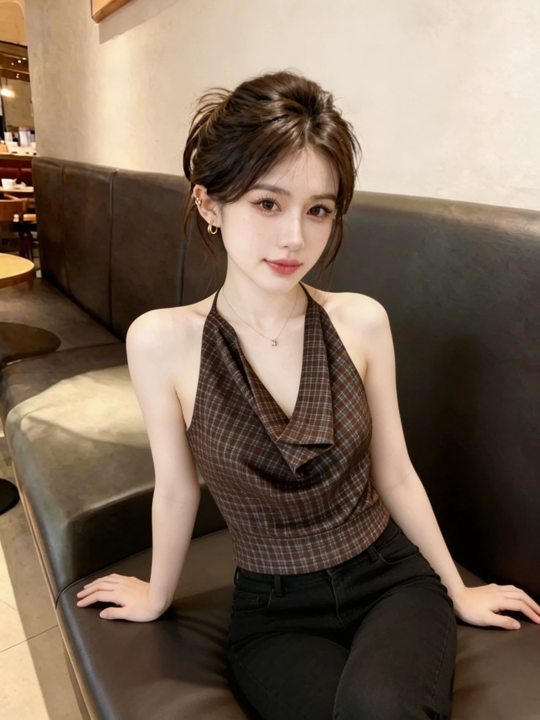 순수한 욕망 바람 달콤한 핫걸 체크무늬 행침 목 슬립 맨위 여성 여름 외출용 아름다운 조끼 작은 셔츠 상세 이미지 5