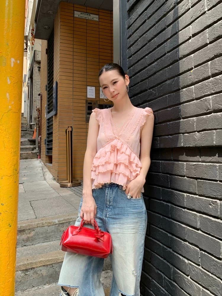 V넥 맨위 여성 여름 새로운 백리스 불규칙 프릴 패치워크 레이스 민소매 조끼 ins 상세 이미지 3