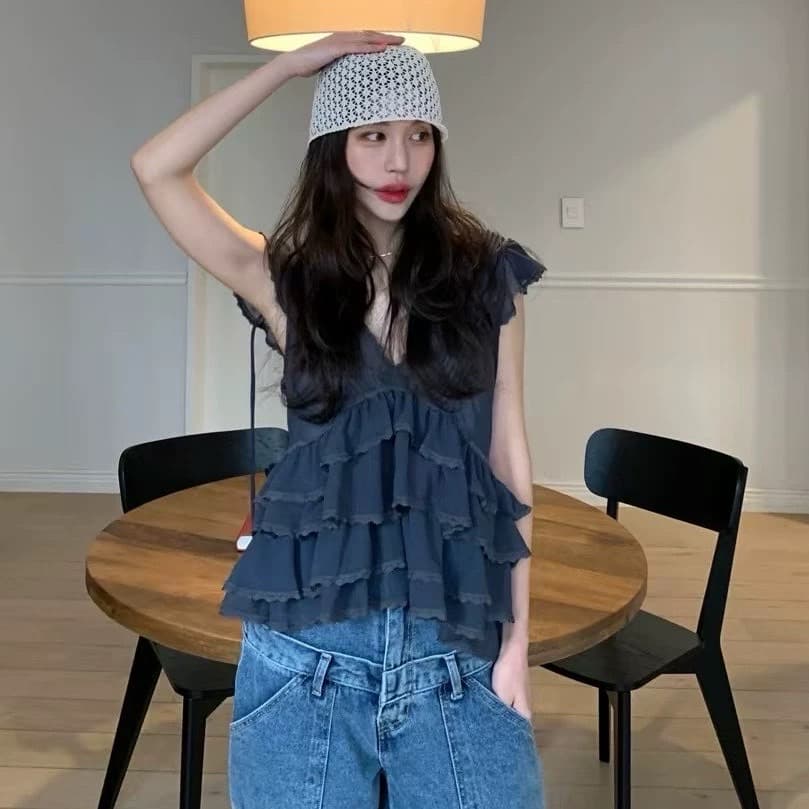 V넥 맨위 여성 여름 새로운 백리스 불규칙 프릴 패치워크 레이스 민소매 조끼 ins 상세 이미지 7