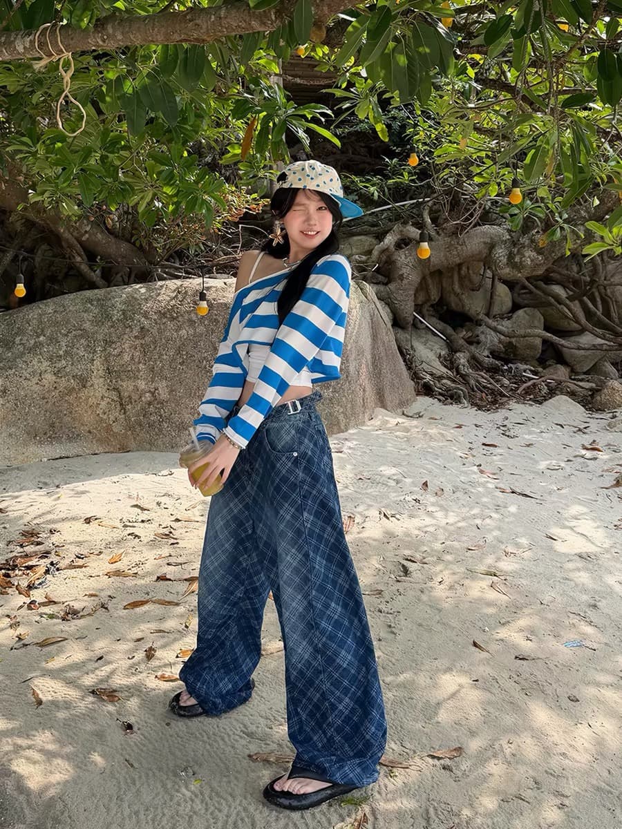 r1dge 아메리칸 느긋한 바람 스트라이프 보트넥 긴팔 티셔츠 여성 핫걸 캐주얼 슬림해 보이는 이슬 뼈의 자외선 차단 블라우스 이미지 3