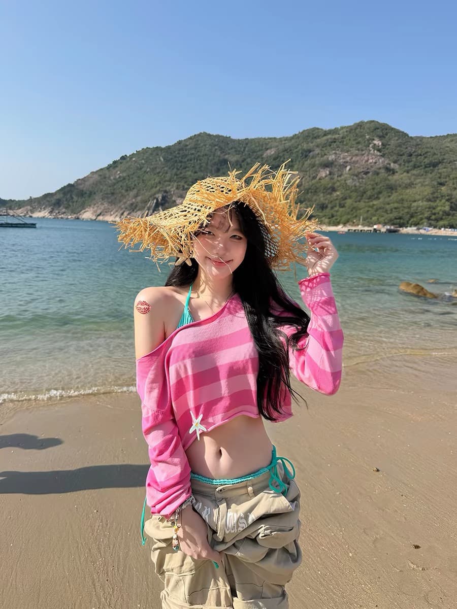 r1dge 아메리칸 느긋한 바람 스트라이프 보트넥 긴팔 티셔츠 여성 핫걸 캐주얼 슬림해 보이는 이슬 뼈의 자외선 차단 블라우스 상세 이미지 2