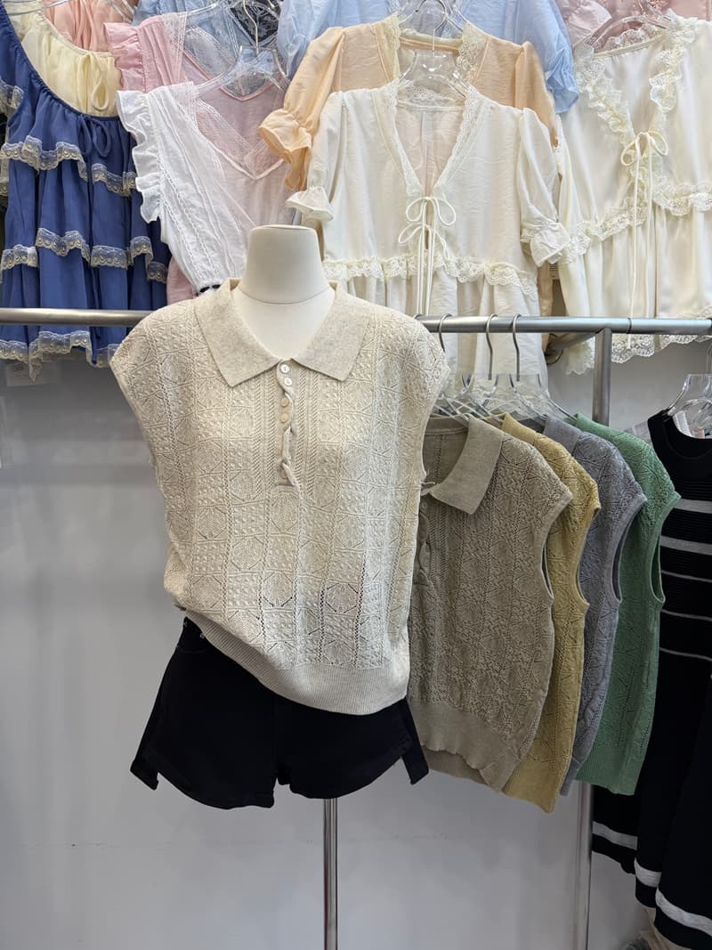POLO 칼라 니트 조끼 여성 여름 얇은 스타일 홀로우 아웃 자카드 민소매 맨위 루즈핏 캐주얼 슬림해 보이는 털 니트 스웨터 상세 이미지 4