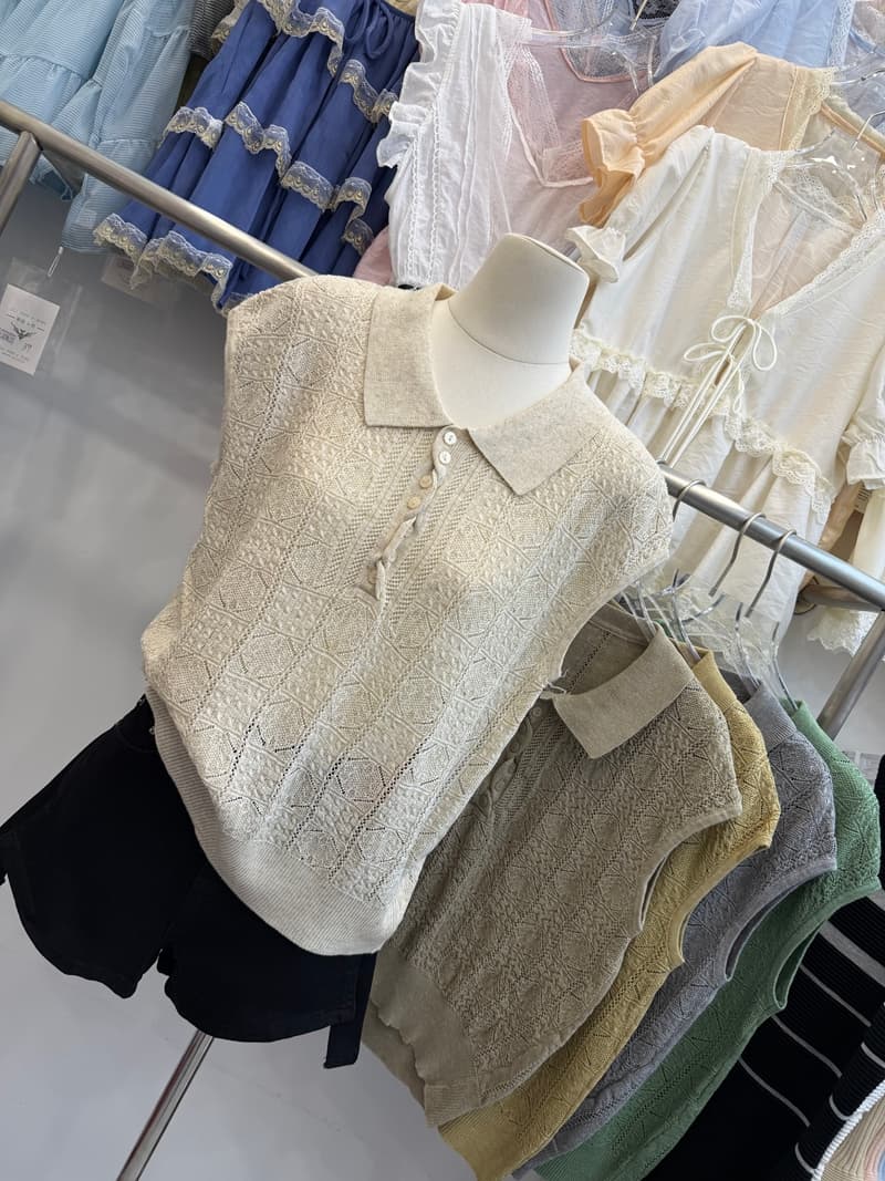POLO 칼라 니트 조끼 여성 여름 얇은 스타일 홀로우 아웃 자카드 민소매 맨위 루즈핏 캐주얼 슬림해 보이는 털 니트 스웨터 상세 이미지 5