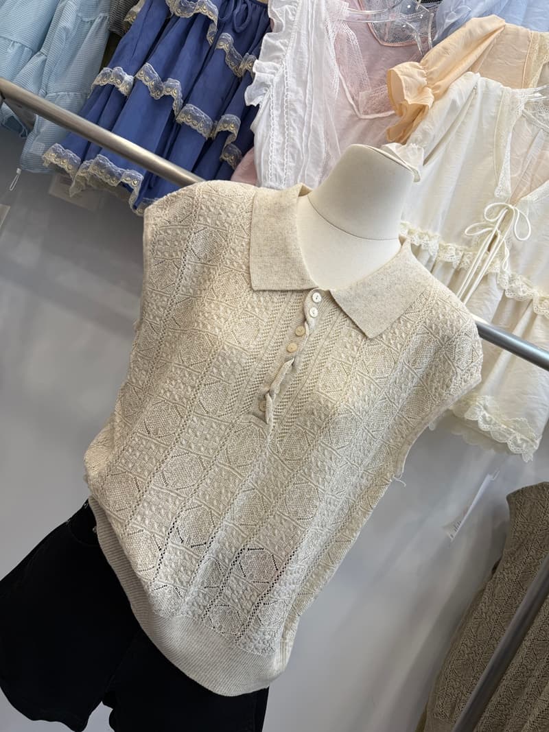 POLO 칼라 니트 조끼 여성 여름 얇은 스타일 홀로우 아웃 자카드 민소매 맨위 루즈핏 캐주얼 슬림해 보이는 털 니트 스웨터 상세 이미지 7