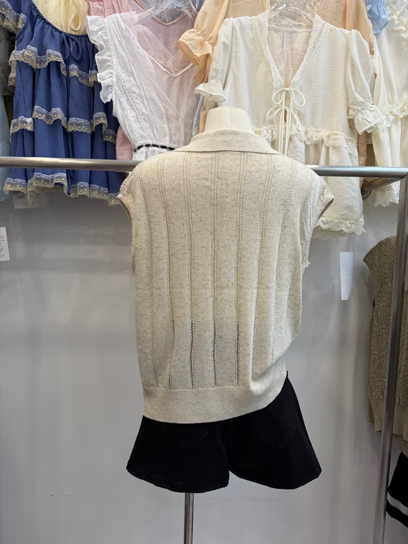 POLO 칼라 니트 조끼 여성 여름 얇은 스타일 홀로우 아웃 자카드 민소매 맨위 루즈핏 캐주얼 슬림해 보이는 털 니트 스웨터 상세 이미지 10