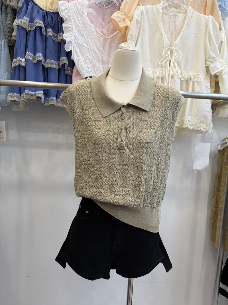 POLO 칼라 니트 조끼 여성 여름 얇은 스타일 홀로우 아웃 자카드 민소매 맨위 루즈핏 캐주얼 슬림해 보이는 털 니트 스웨터 상세 이미지 12