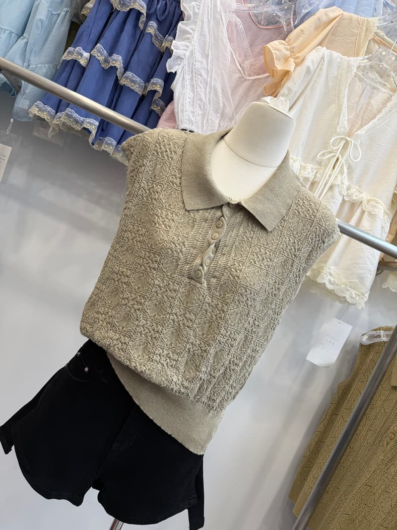 POLO 칼라 니트 조끼 여성 여름 얇은 스타일 홀로우 아웃 자카드 민소매 맨위 루즈핏 캐주얼 슬림해 보이는 털 니트 스웨터 상세 이미지 13