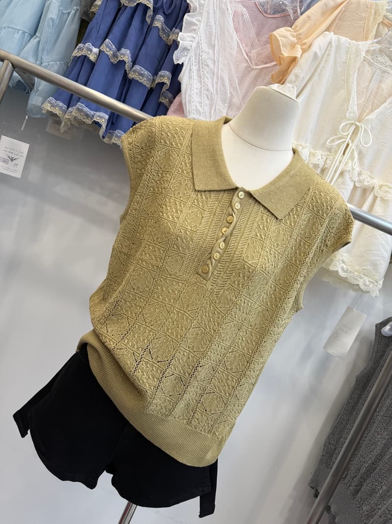 POLO 칼라 니트 조끼 여성 여름 얇은 스타일 홀로우 아웃 자카드 민소매 맨위 루즈핏 캐주얼 슬림해 보이는 털 니트 스웨터 상세 이미지 15