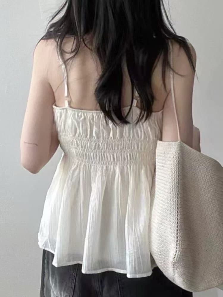 한국 chic 여름 디자인 센스 펌프 로프 스트랩 주름 허리 수축 슬림해 보이는 슬립 여성 레저 섹시함 조끼 맨위 상세 이미지 4