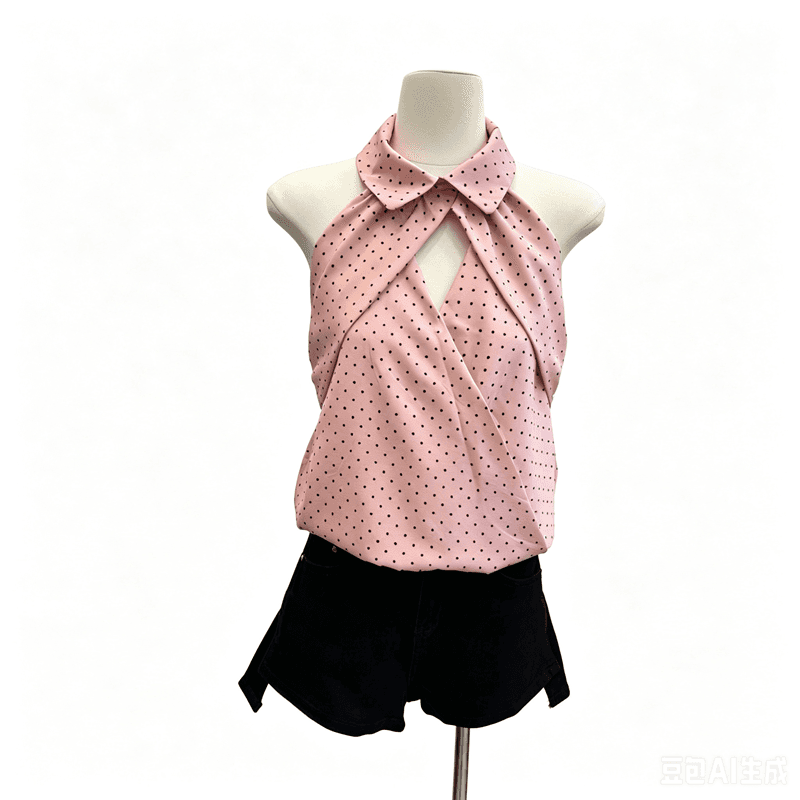 순수한 욕망 바람 핑크색 도트 무늬 행침 목 여성 셔츠 여름 디자인 센스 폴로 칼라 V넥 홀로우 아웃 쉬폰 민소매 맨위 상세 이미지 1