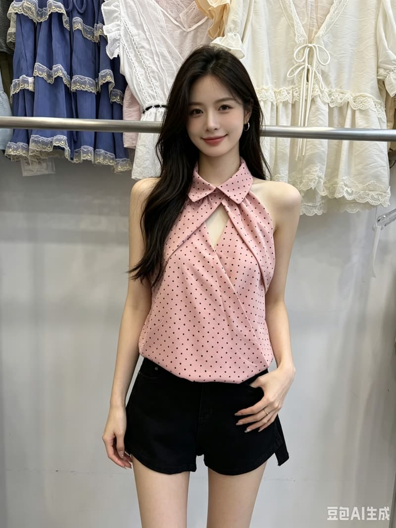 순수한 욕망 바람 핑크색 도트 무늬 행침 목 여성 셔츠 여름 디자인 센스 폴로 칼라 V넥 홀로우 아웃 쉬폰 민소매 맨위 상세 이미지 2