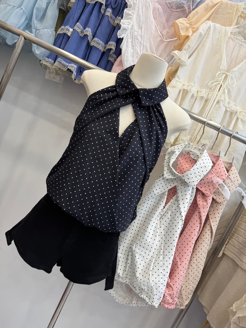 순수한 욕망 바람 핑크색 도트 무늬 행침 목 여성 셔츠 여름 디자인 센스 폴로 칼라 V넥 홀로우 아웃 쉬폰 민소매 맨위 상세 이미지 4