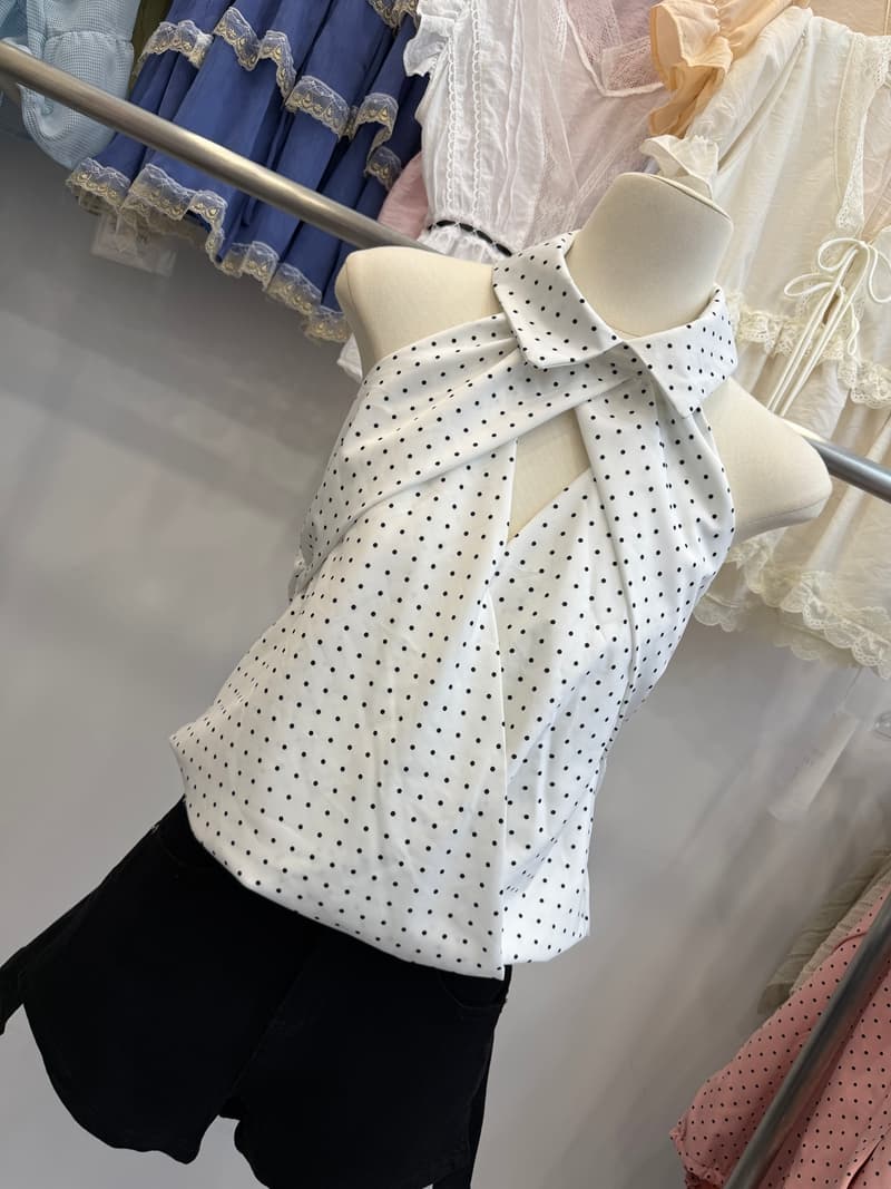 순수한 욕망 바람 핑크색 도트 무늬 행침 목 여성 셔츠 여름 디자인 센스 폴로 칼라 V넥 홀로우 아웃 쉬폰 민소매 맨위 상세 이미지 8